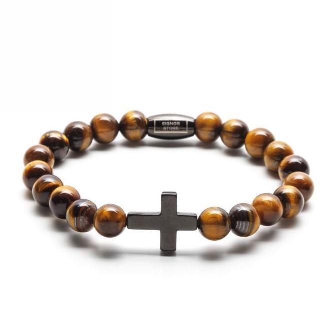 bransoletka męska z krzyżem tygrysie oko